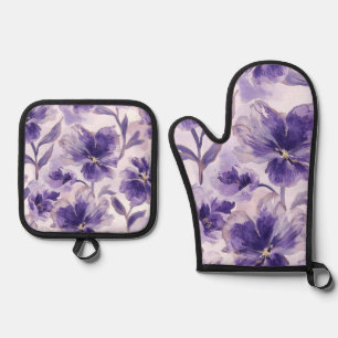 Violet Blooms Watercolor Purple Flowers Painted Oven Mitt & Pot Holder Set
