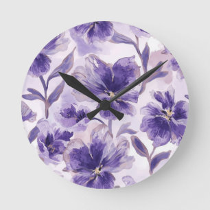 Violet Blooms Watercolor Purple Flowers Painted Round Clock