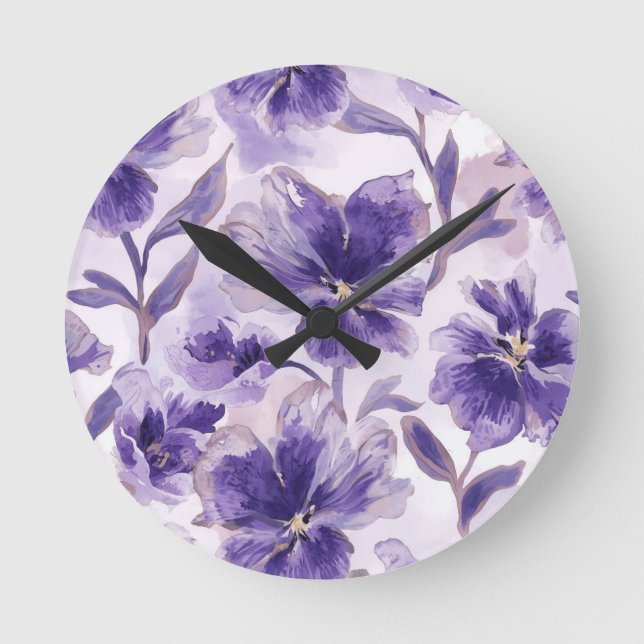 Violet Blooms Watercolor Purple Flowers Painted Round Clock (Front)