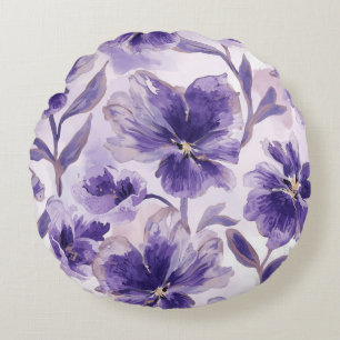 Violet Blooms Watercolor Purple Flowers Painted Round Cushion