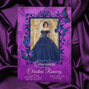 Violet, Blue Butterfly Quinceanera Invitation