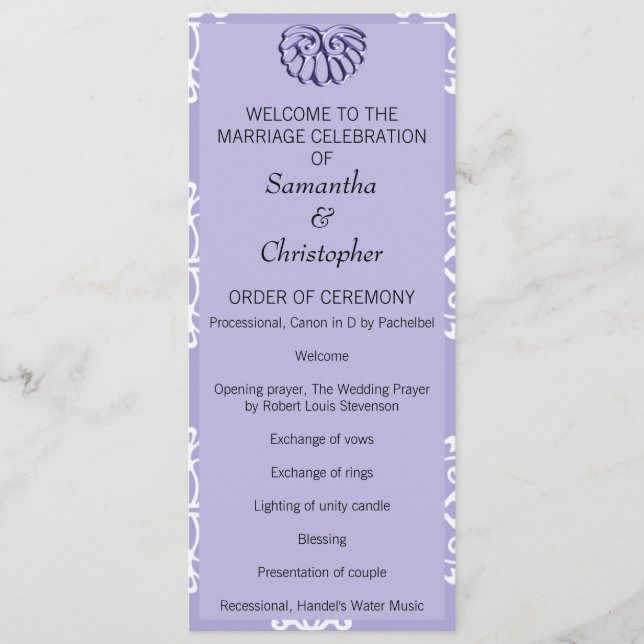 Violet Blue Damask Wedding Program (Front)