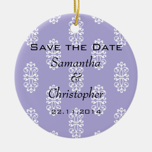 Violet Blue Damask Wedding Save the Date Ceramic Ornament (Front)