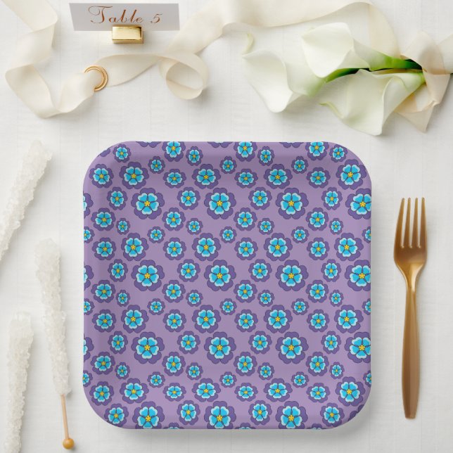 Violet Blue Flowers Pattern Paper Plate (Wedding)