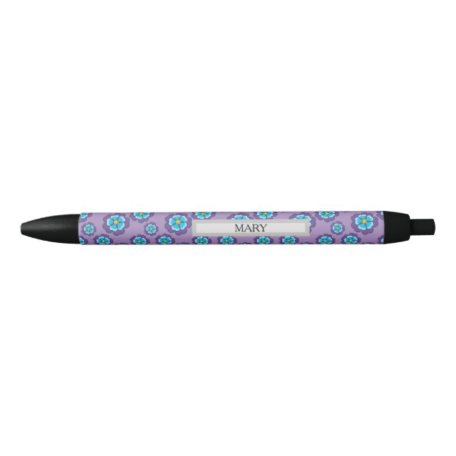 Violet Blue Flowers Pattern Personalise Black Ink Pen (Front)