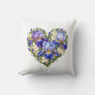Violet Blue Iris Botanical Heart Throw Pillow
