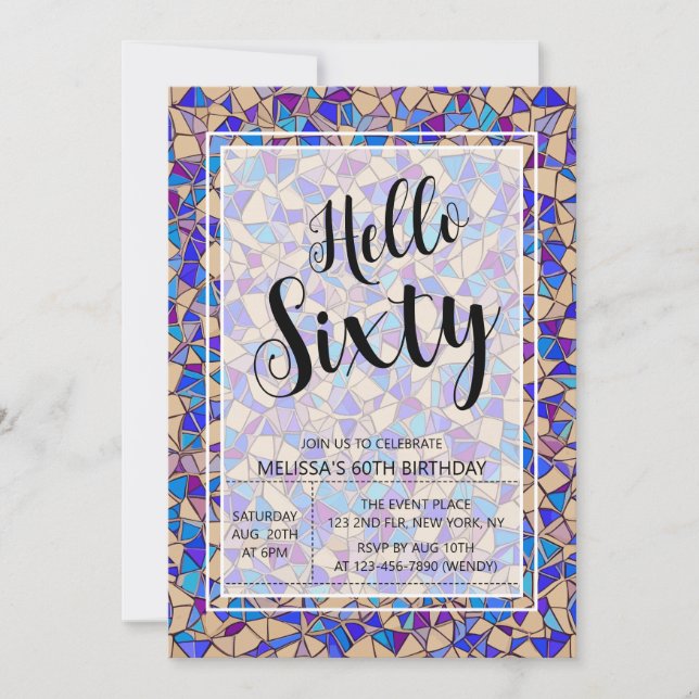 Violet Blue Mosaic Hello Sixty 60th Birthday Invitation (Front)
