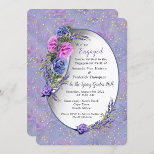 Violet-blue Watercolor Roses & Tulips with Gold c Invitation