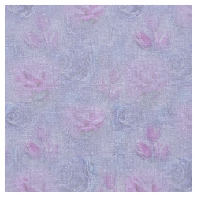 Violet-blue Watercolour Roses & Tulips Fabric (Close Up)