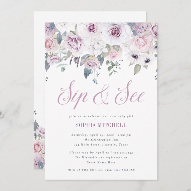 Violet Blush | Floral Baby Shower Sip and See Invitation (Front/Back)