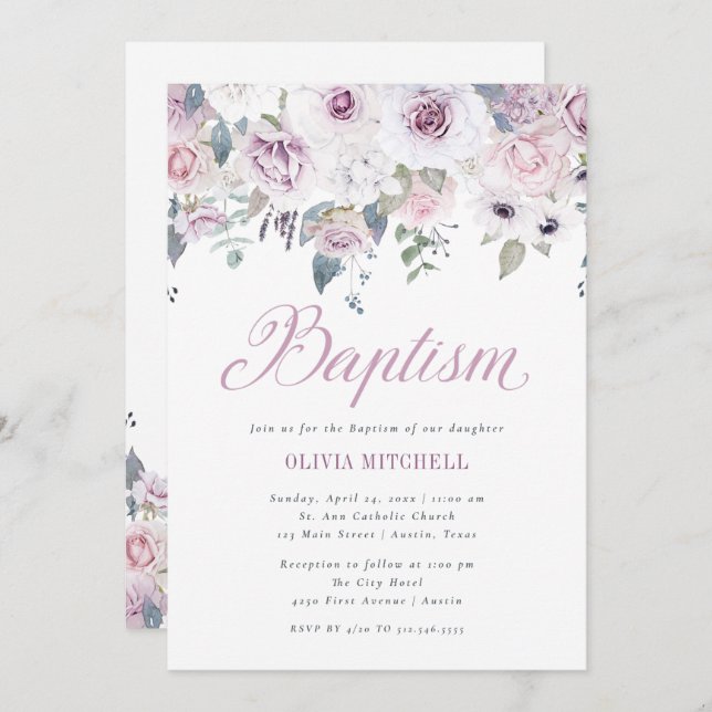 Violet Blush Floral | Baptism Invitation (Front/Back)
