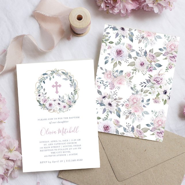 Violet Blush | Floral Baptism with Cross Invitation (Creator Uploaded)