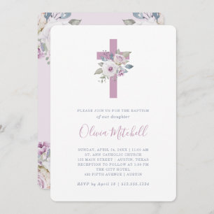 Violet Blush   Floral Baptism with Cross Invitation
