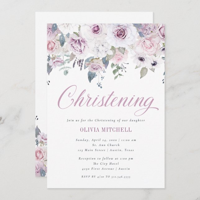 Violet Blush Floral | Christening Invitation (Front/Back)