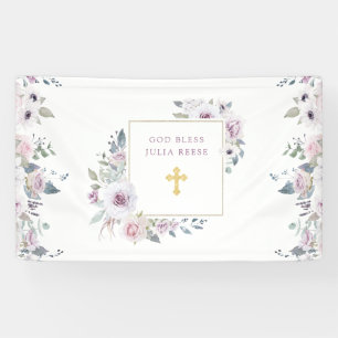 Violet Blush Floral   Gold Cross Baptism Banner