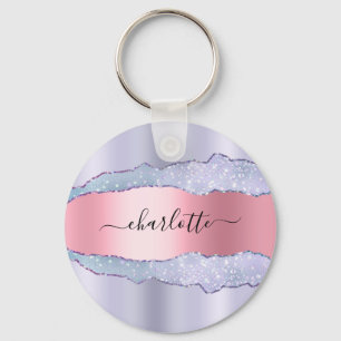 Violet blush pink agate marble glitter name  key ring