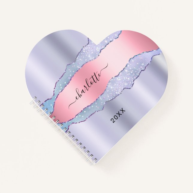 Violet blush pink agate marble name girl notebook (Front)