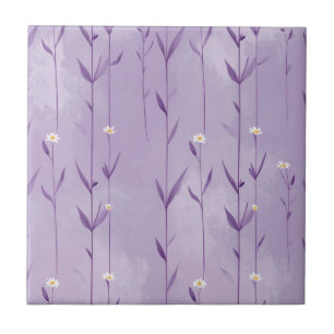 Violet Botanical Stripes on Soft Lavender Ceramic Tile