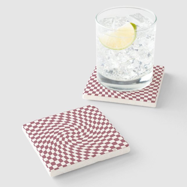 Violet Burgundy Wedding Collection Check Chequered Stone Coaster (Side)