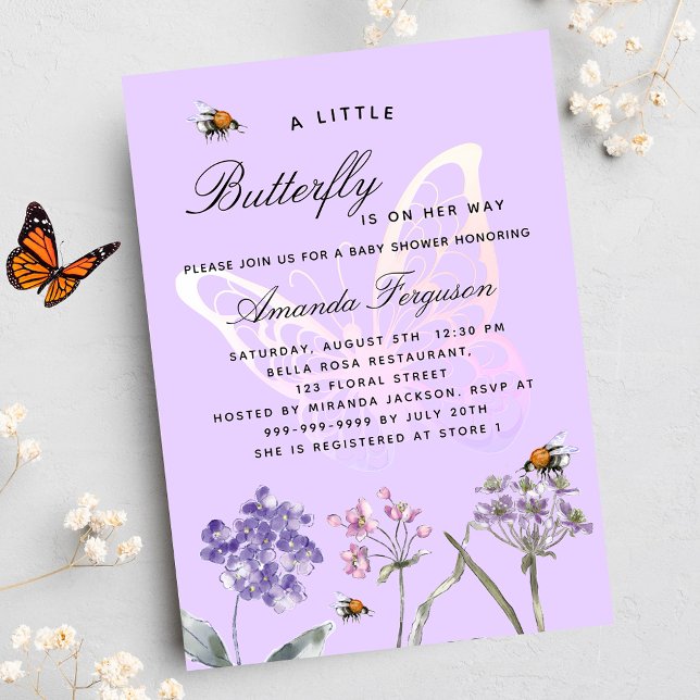 Violet butterfly wildflowers luxury baby shower invitation (Creator Uploaded)
