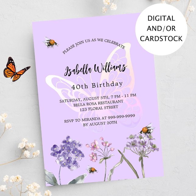 Violet butterfly wildflowers pink birthday invitation (Creator Uploaded)