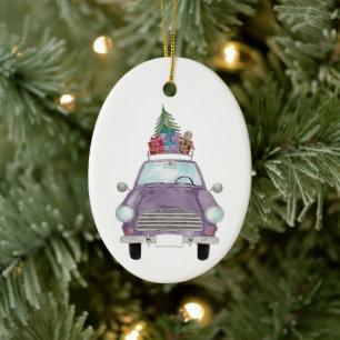 Violet Car with Christmas Gifts Ceramic Ornament