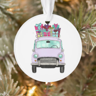 Violet Car with Christmas Gifts Ornament