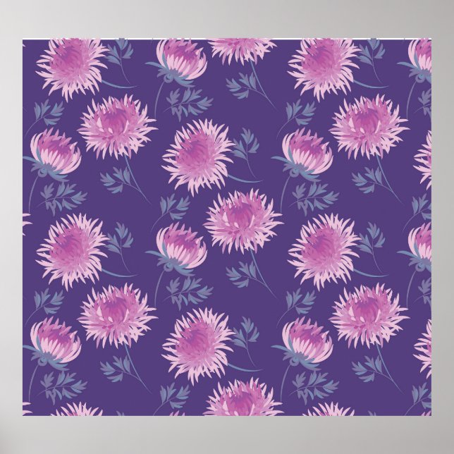 Violet Chrysanthemum Flower Vintage Pattern Poster (Front)