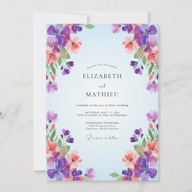 Violet Coral Wildflower Wedding Invitation (Front)