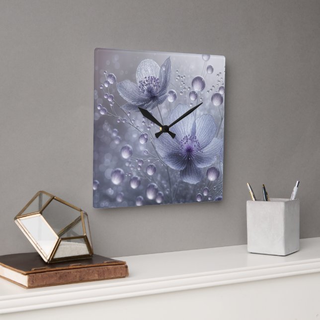 Violet Cosmos and Dew Drops Square Wall Clock (Office)
