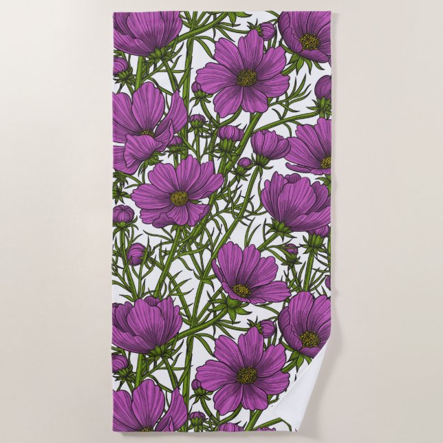 Violet cosmos flowers beach towel (Front)
