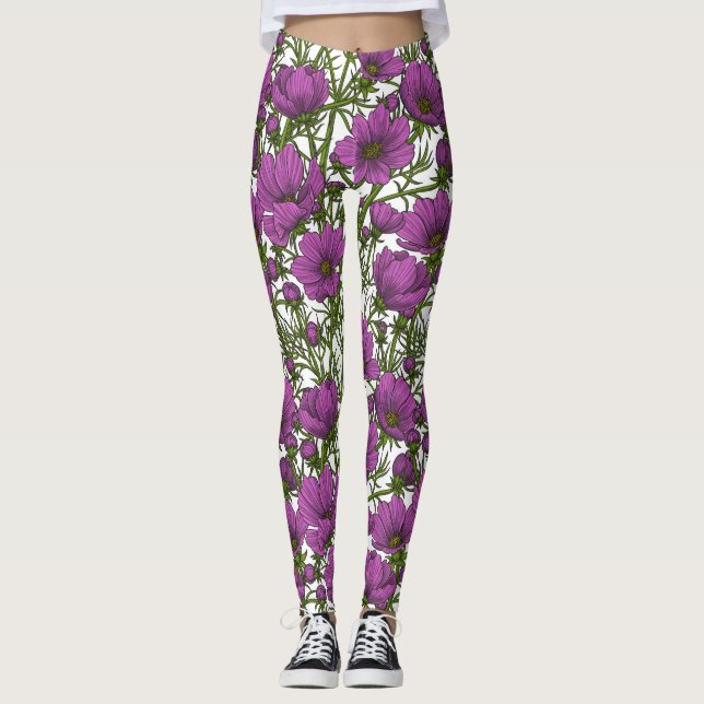 Violet cosmos flowers leggings (Front)
