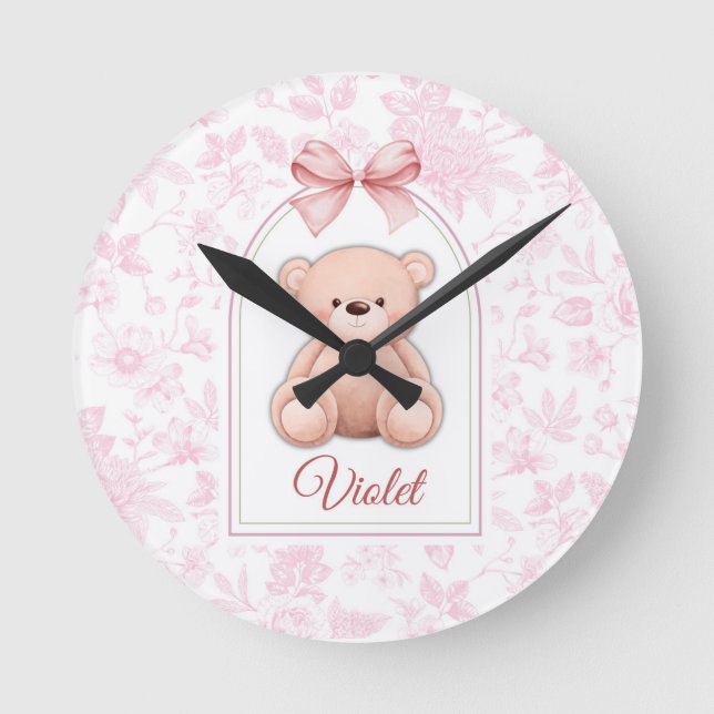Violet | Custom Pink Teddy Bear Nursery Design  Round Clock (Front)
