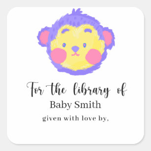 Violet cute Monkey Baby Shower Library Square Sticker