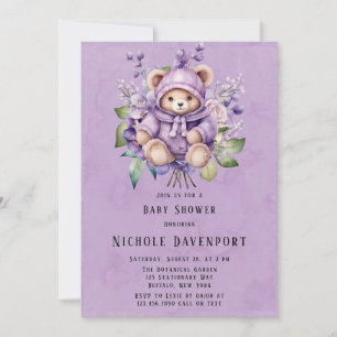 Violet Cute Teddy Bear Floral Girl Baby Shower Invitation