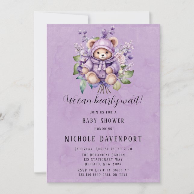 Violet Cute Teddy Bear Floral We Can Bearly Wait Invitation (Front)