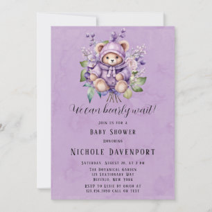 Violet Cute Teddy Bear Floral We Can Bearly Wait Invitation