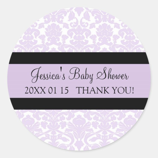 Violet Damask Baby Shower Favour Stickers (Front)
