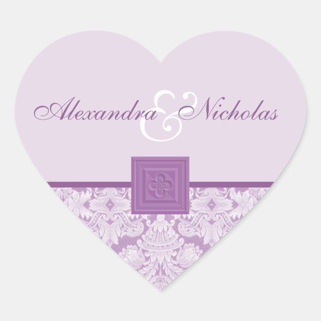Violet Damask & Quatrefoil Cross Wedding Stickers (Front)