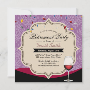 Violet Damask Red Wine Theme Retirement Party Invitation