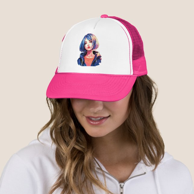 Violet Dream: Anime Girl in Stylish Attire Trucker Hat (In Situ)