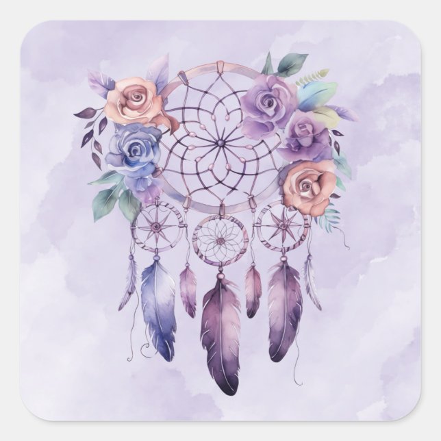 Violet Dreamcatcher and Flowers Girl Baby Shower Square Sticker (Front)