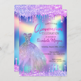 Violet Drops Dress Holographic Quinceañera Invitation