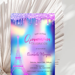 Violet Drops Eiffel Tower Holographic Quinceanera Invitation