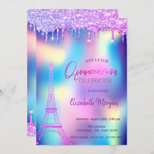 Violet Drops Eiffel Tower Holographic Quinceanera Invitation (Front/Back)