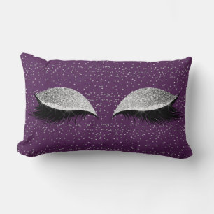 Violet Eggplant Silver Glitter Black Makeup Lashes Lumbar Cushion
