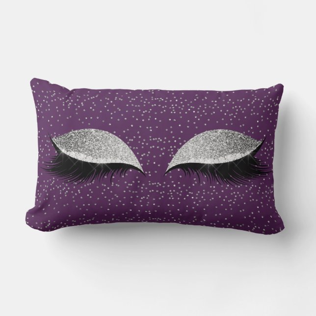 Violet Eggplant Silver Glitter Black Makeup Lashes Lumbar Cushion (Front)