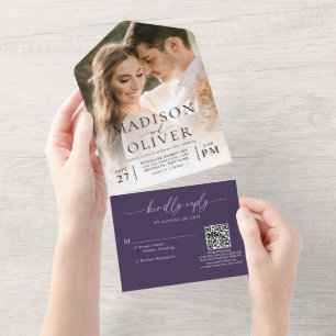 Violet Elegant Classic QR Code Photo Wedding All In One Invitation
