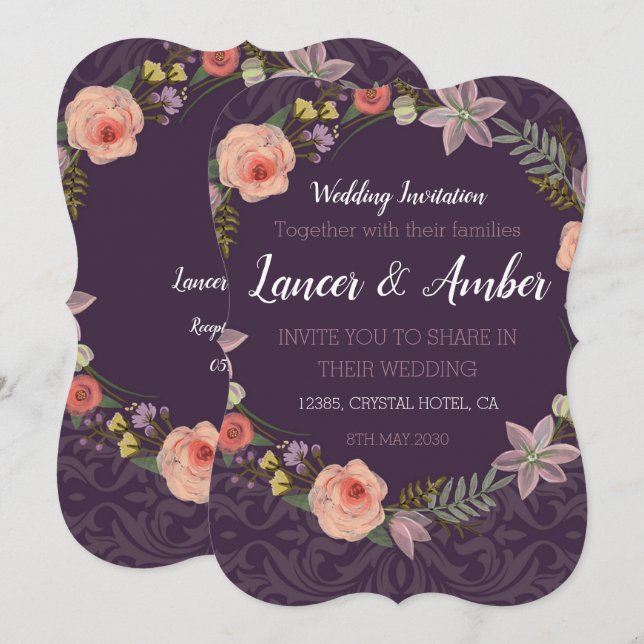 Violet Elegant Pink Rose Wedding Invitation Card (Front/Back)