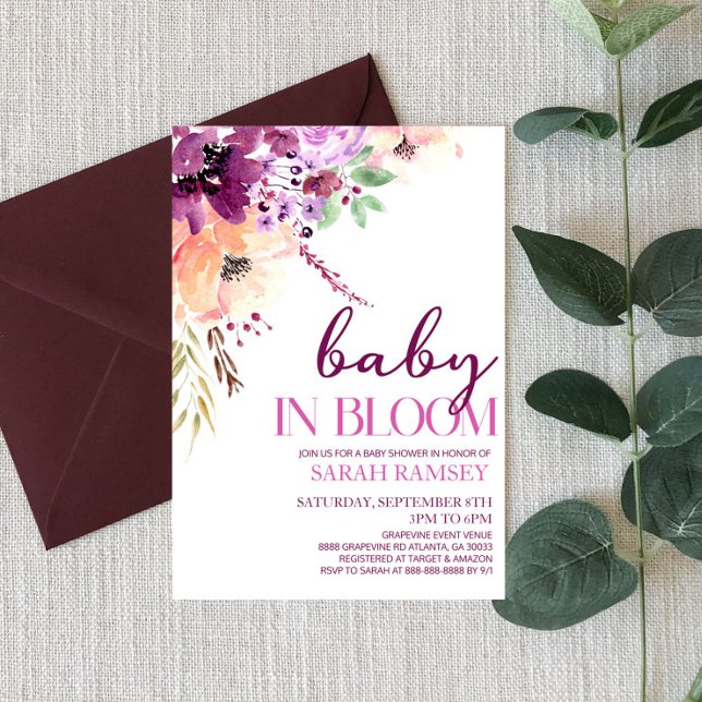 Violet Fall Floral Baby In Bloom Baby Shower Invitation (Creator Uploaded)